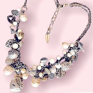 HEARTS VALENTINE CHARM NECKLACE PEARLS CRYSTAL SILVER GOLD COLDWATER CRE…